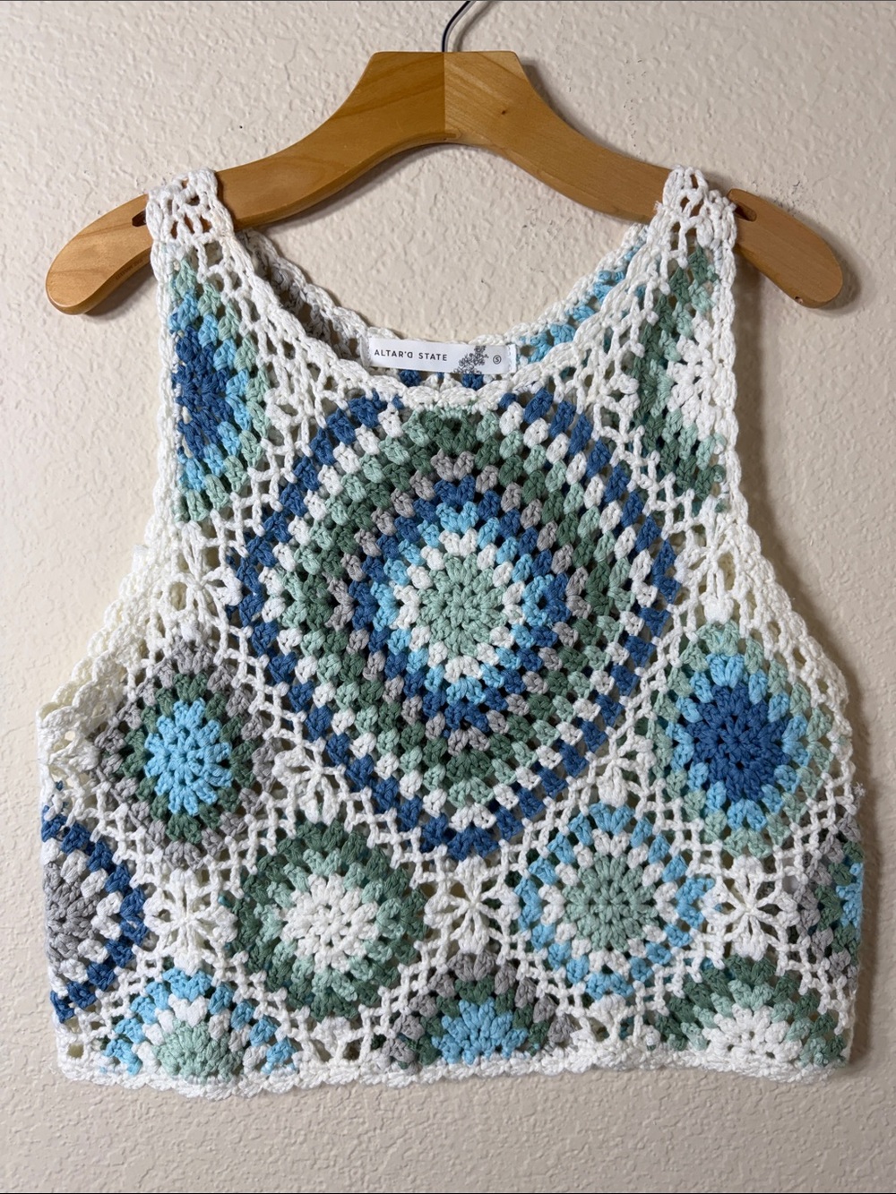 Altar'd State Crochet Granny Square Tank Top Small Blue Mint Boho Festival Crop
